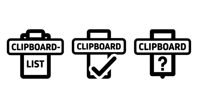 Set of clipboard icons featuring list checked status question mark for task management and organization clipboard question management checklist organization business planning document
