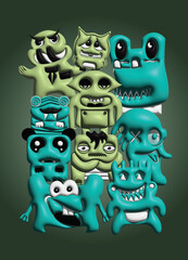 3D cute cartoon monster characters bundle set vector illustration poster © Syamim