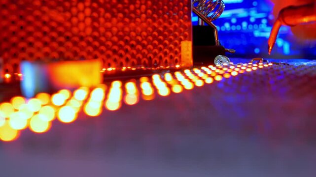 Professional Male Engineer Concentrated on Testing Complex Electronic Board. Smart Specialist Adjusts Microchip Components inside Innovation Hardware Laboratory. High Tech Workplace Concept 4k