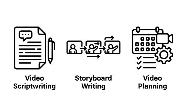 Production icons for scriptwriting storyboard and planning with scriptwriting storyboard planning production filmmaking calendar document workflow management creative strategy development