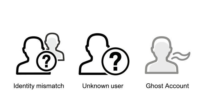 User identity security icons representing identity mismatch unknown user ghost account risks identity security mismatch authentication internet verification protection question activity