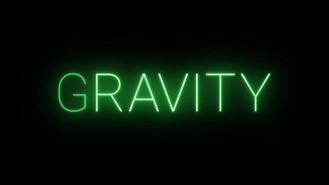 Flickering neon green glowing gravity sign animated black background.