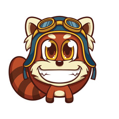 Naklejka premium An endearing red panda in aviator goggles beams with joy, representing adventure and exploration in a whimsical and colorful cartoon style that's perfect for children's illustrations.