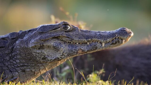 Yacare caiman lies still on grassy ground, its textured head and teeth lit by warm low sunlight in a natural wetland setting.