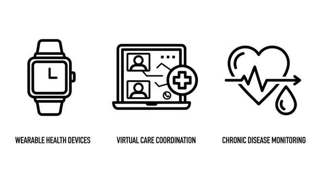 Telemedicine and digital healthcare icon set including wearable devices and remote monitoring with healthcare telemedicine technology monitoring wellness tracking analysis consultation