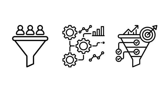 Marketing sales funnel and data optimization process icons with marketing optimization business analytics strategy conversion management planning automation efficiency improvement structure