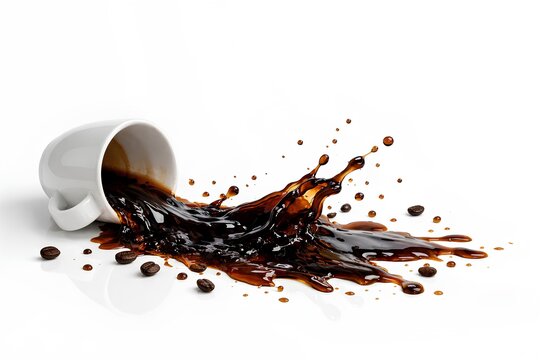 Coffee Spilling from White Cup with Splashes and Beans on Clean White Background