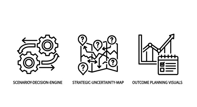 Strategic decision engine and outcome planning visual icons with strategic decision planning management business uncertainty optimization strategy analysis visualization performance