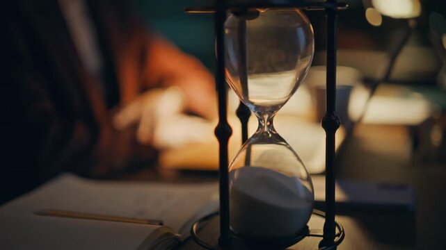 Sand hourglass standing table at office closeup. Overtime worker tracking time