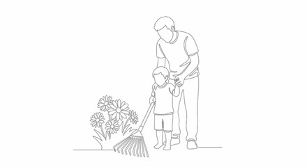Obraz premium Father and child gardening together outdoors.