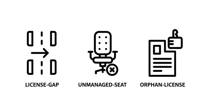 Set of software licensing and administrative management icons with license gap unmanaged seat orphan license software compliance business operations software management compliance business