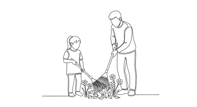 Father and child gardening together outdoors.
