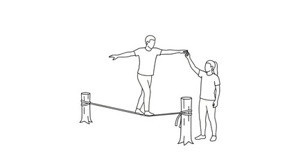 Obraz premium Tightrope walker balancing with assistant support.