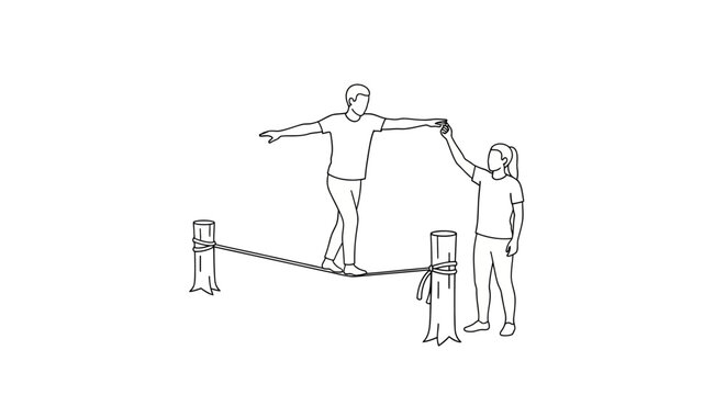 Tightrope walker balancing with assistant support.
