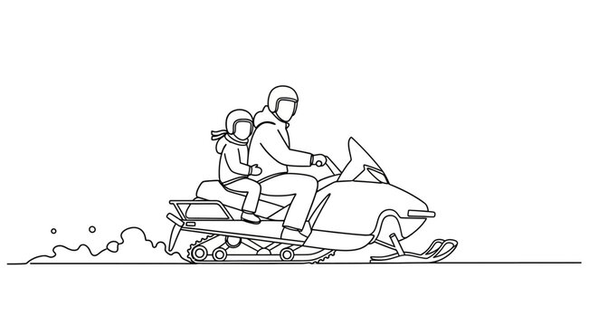 Family riding snowmobile in winter adventure scene.