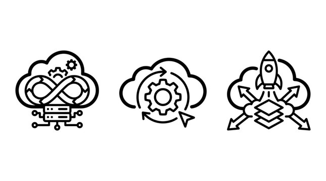 Cloud computing and software development process outline icons with computing software development automation workflow technology infrastructure optimization management innovation infinite