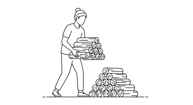 Person carrying a stack of firewood logs.