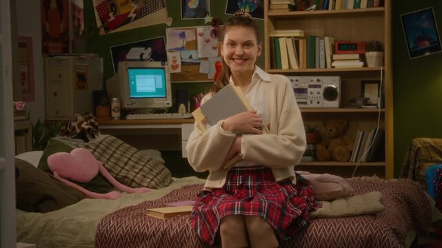 Portrait of Caucasian teenage girl student sitting on bed in retro bedroom, holding books and smiling at camera. Footage is ideal for back-to-school commercials or retro education marketing campaigns
