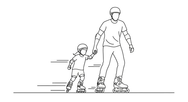 Father and child rollerblading together outdoors.