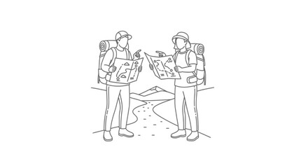 Obraz premium Two hikers reading a map together outdoors.
