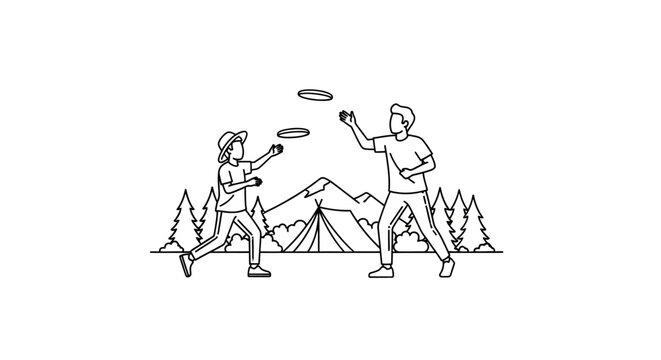 Two people playing frisbee in mountain landscape.