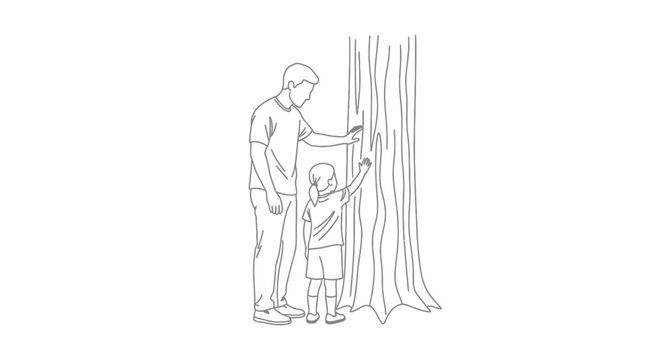 Father and child measuring height against wall chart.