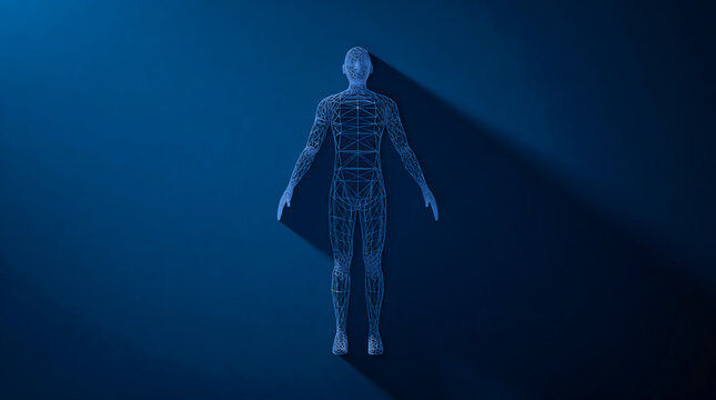 A blue wireframe 3D model of a human body stands centrally against a dark blue gradient background casting a long shadow.