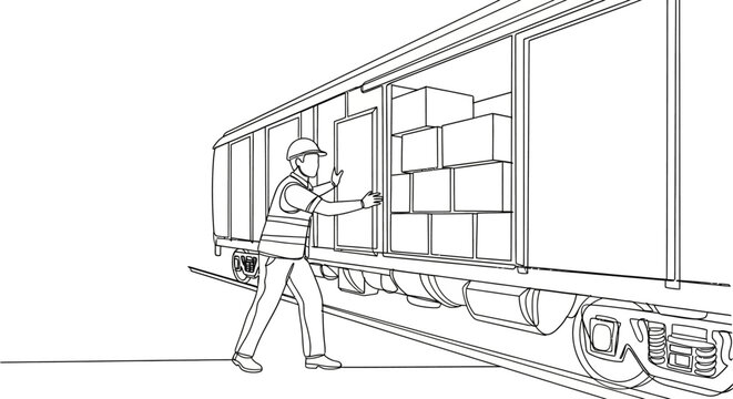 Worker loading cargo onto freight train car.