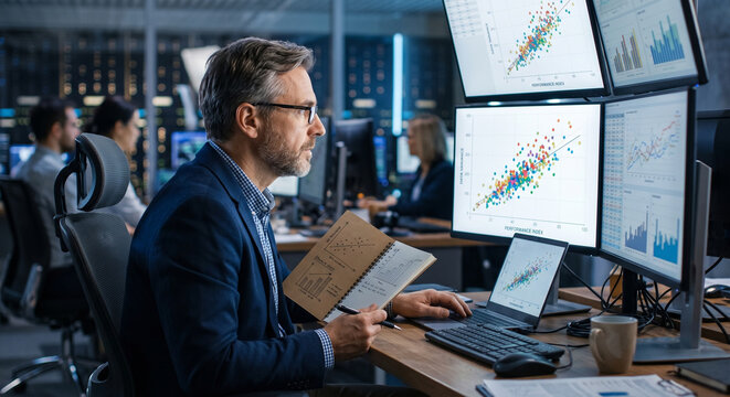 Mature businessman analyzing scatter plot data charts on multi monitor screens with notebook