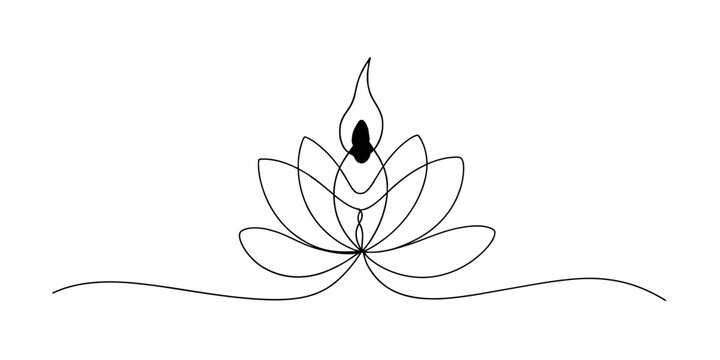 Continuous single line drawing of a lotus flower with a candle flame