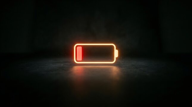 Low battery icon with red indicator, glowing neon sign on a dark concrete floor background, 3d render, minimalist concept of power depletion and energy saving