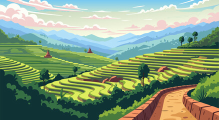 Fototapeta premium Scenic Rice Terrace Valley Vector Illustration Landscape Design for Travel and Nature Backgrounds
