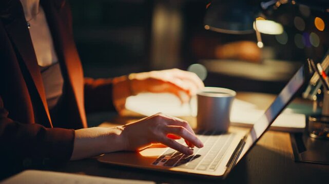 Late worker hands typing laptop sitting office closeup. Employee working evening