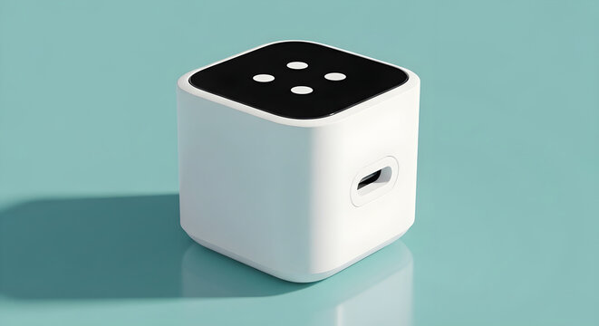 Modern white smart home hub device with usbc port isolated on white background