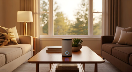 Fototapeta premium Smart home hub device with glowing ring light on a coffee table in a bright living room