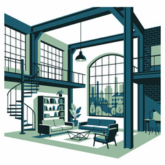 Modern industrial loft interior with a spiral staircase © justine
