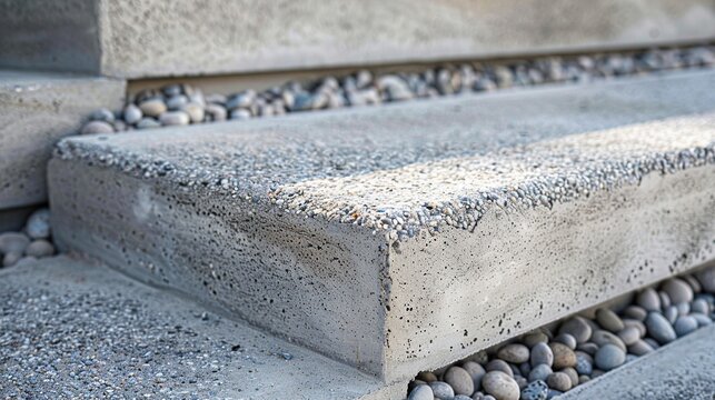 Worn concrete step exposed aggregate close up