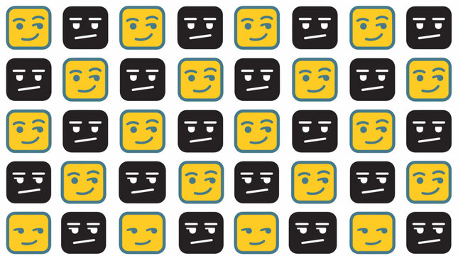 Stylized square face icons with winking and smiling expressions.