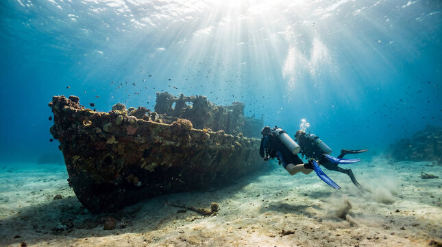 Two scuba divers explore sunlit shipwreck in clear tropical water with fish around coral covered hull showing underwater adventure marine discovery  ocean conservation travel concept