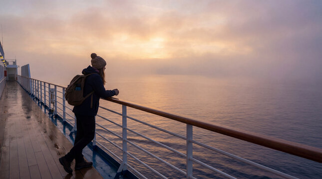 Woman traveler leans on ship railing at misty sunrise over open sea wearing backpack winter hat reflecting quiet ferry journey solitude slow travel during ocean passage at dawn deck
