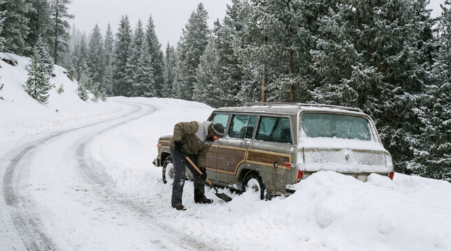 Driver digging snow around stuck vintage car on forest road during winter storm emergency roadside recovery survival transportation problem concept remote cold weather challenge winter safety