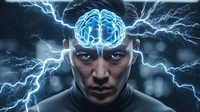 Sci-Fi Man With Electric Brain Energy Burst - A futuristic portrait of a man with a glowing blue brain and crackling lightning bolts emanating from it.