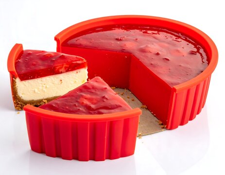 A cheesecake with a red fruit topping, presented in a red mold with one slice removed