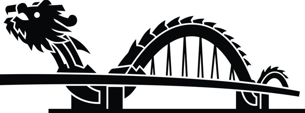 Black silhouette of roller coaster track bridge with dragon head, amusement park thrill ride icon