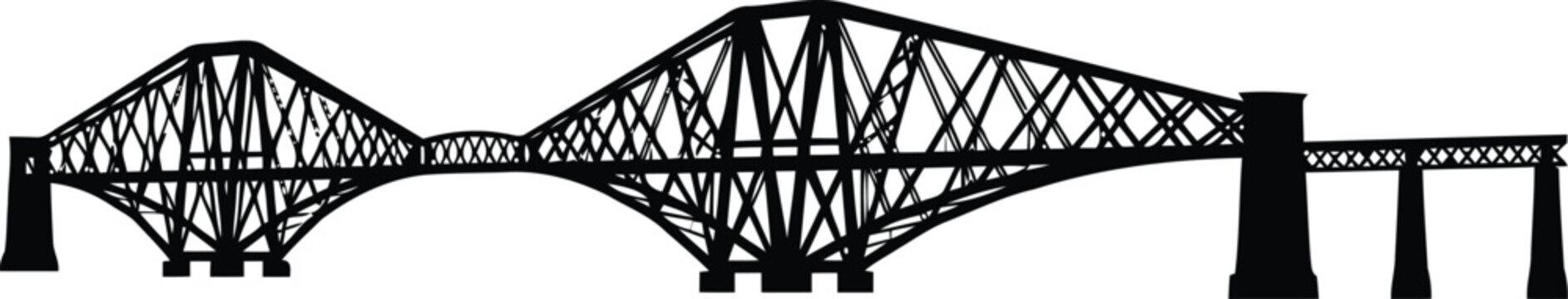 Black Silhouette of Historic Steel Truss Bridge Isolated on White Background