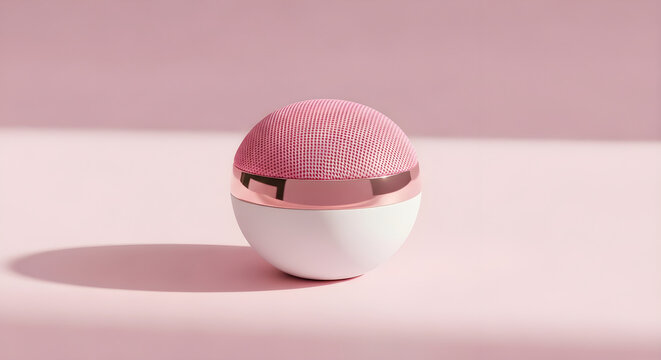 Modern pink spherical smart speaker with rose gold accent on pink background
