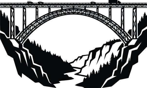 Black and White Arch Bridge Silhouette Crossing a Deep Canyon Landscape Illustration