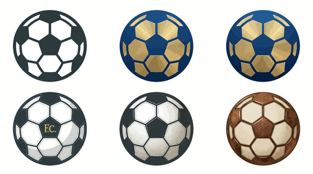 A collection of six detailed soccer ball illustrations in various styles and colors, featuring classic pentagonal and hexagonal panel designs