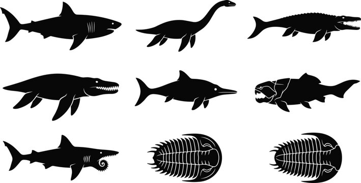 Prehistoric Marine Monster and Ancient Sea Creature Silhouette Vector Set Featuring Megalodon Plesiosaur Mosasaur Ichthyosaur Helicoprion and Trilobite Icons