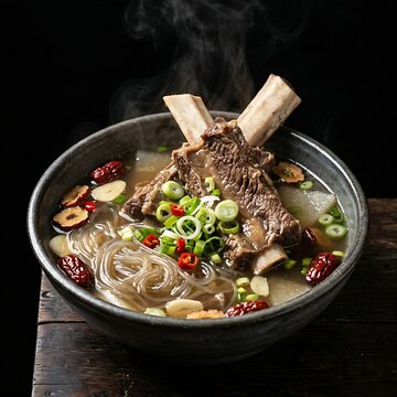 A gourmet bowl of Galbitang (short rib soup) featuring clear, rich beef broth with large tender beef bones protruding, glass noodles, jujubes, and sliced green onions, clear steam rising, deep black b